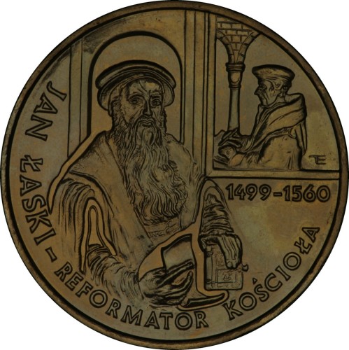 Polska: moneta ze stopu Nordic Gold: 2 zł / 1999 r. - 500. rocznica urodzin Jana Łaskiego  .   
Sklep Numizmatyczny www.km12.pl