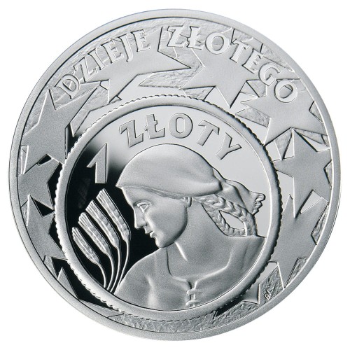Polska: srebrna moneta kolekcjonerska:  10 zł / 2004 r. - Dzieje złotego: Dziewczyna z warkoczem (1 zł  z 1924 r).        Sklep Numizmatyczny, Warszawa www.km12.pl