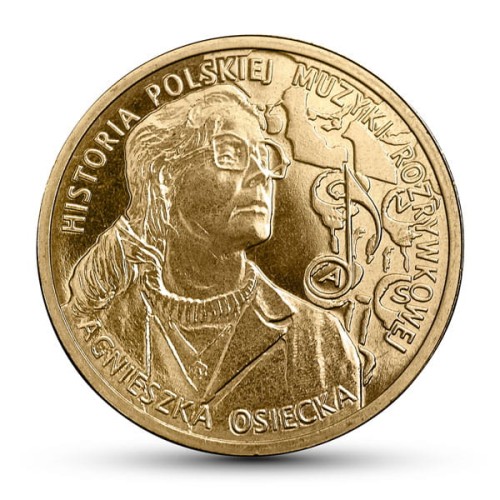 Polska: moneta ze stopu Nordic Gold:  2 zł / 2013 r. - Historia Polskiej Muzyki Rozrywkowej – Agnieszka Osiecka. Sklep Numizmatyczny, Warszawa.  www.km12.pl