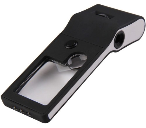 Lupa z mini mikroskopem, podświetleniem: 5 x LED + 1 x UV i podwójną soczewką.              www.km12.pl