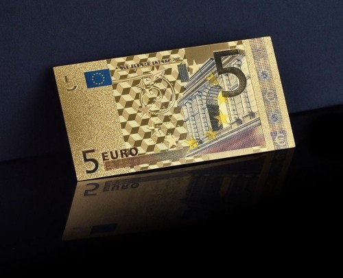 Banknot złocony - replika banknotu 5 Euro. Sklep Numizmatyczny, Warszawa ul. Króla Maciusia 12.      www.km12.pl