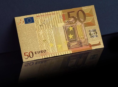 Banknot złocony - replika banknotu 50 Euro. Sklep Numizmatyczny, Warszawa ul. Króla Maciusia 12. www.km12.pl