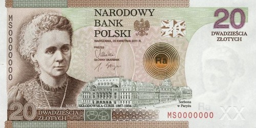 Banknot 20 zł /2011 r. - Maria Skłodowska-Curie - 100. rocznica przyznania Nagrody Nobla w dziedzinie chemii.
Sklep Numizmatyczny, Warszawa ul. Króla Maciusia 12.  www.km12.pl