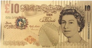 ANGLIA: Banknot złocony i kolorowany: 10 Funtów