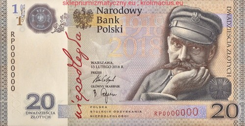 Banknot 20 zł / 2018 r. - "Niepodległość" - 100. rocznica odzyskania przez Polskę niepodległości.  www.km12.pl